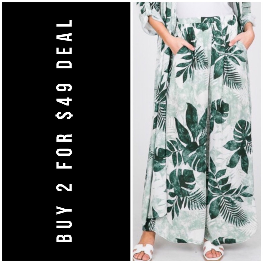 ☀️IVORY GREEN TROPICAL PALM LEAVES PANTS - Picture 1 of 8